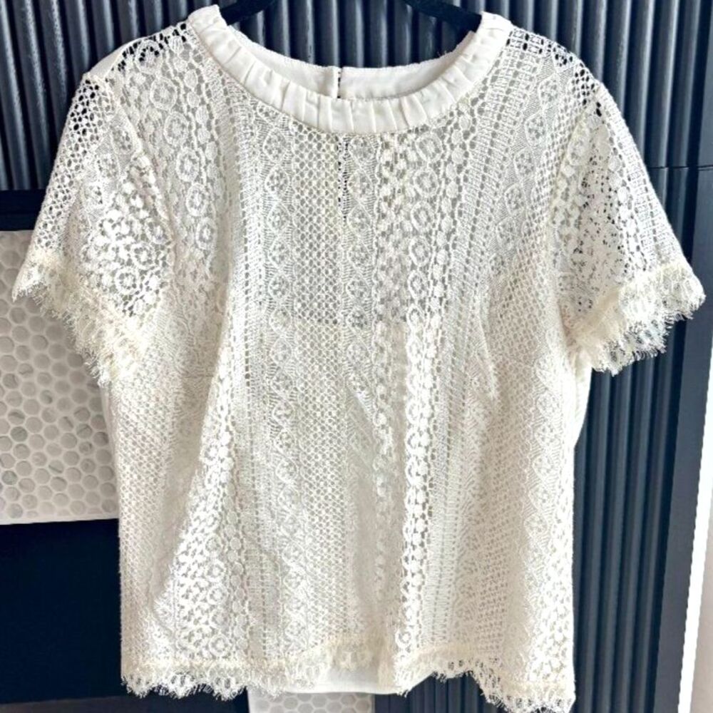 LC Lauren Conrad Cream Lace Blouse Short Sleeve Cream Ivory Cottagecore Top L